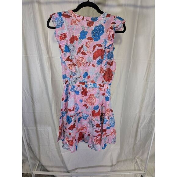 Bb Dakota Steve Madden On The Ruffle Split Neck Pleated Mini Dress Pink Multi Wo - Picture 2 of 6